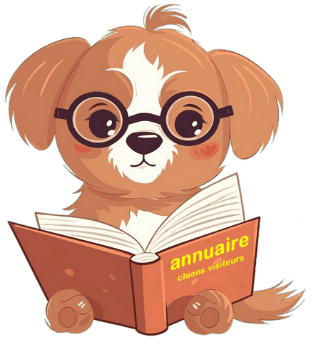 chiot qui lit l'annuaire chien visiteur