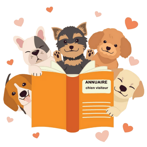 5 chiens qui lisent l'annuaire chien visiteur